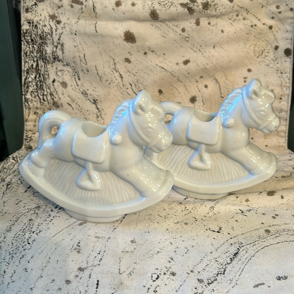 Pair of White Ceramic Rocky Horse Candlesticks by Silvestri